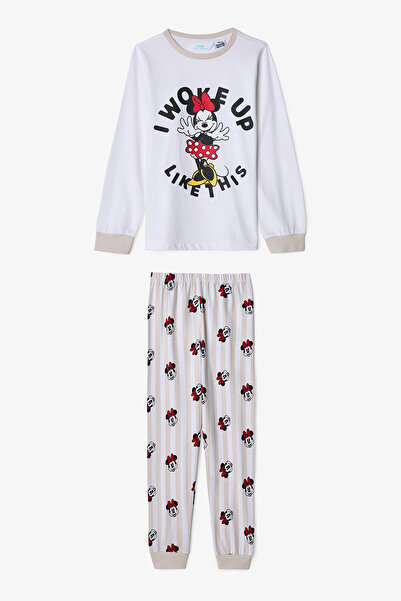Penti Optisches weißes Minnie-Mouse-Pyjama-Set aus Baumwolle mit langen Ärmeln für Mädchen, 2-teilig