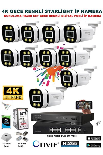 PROLİFE 10 Kameralı Sesli 4k 1440p Full Hd Poeli Ip Kamera Gece Renkli Ultra ...