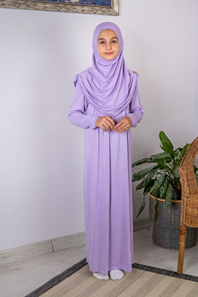 ihvan online Practical One-Piece Children's Prayer Dress with Headscarf 8-12 Years Old - Lilac