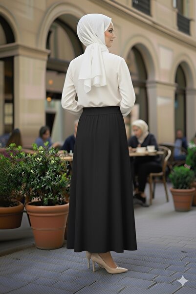 Marina Trend Siyah Yüksek Bel Kloş Uzun Etek Kadın A Kesim Basic Trend Etek Şık Rahat Günlük Kombinler