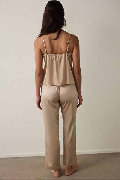 Penti Beige Concept Lace Satin V-Neck Adjustable Strap Pajama Set