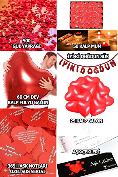 Parti dolabı Surprise Romantic Birthday Ornament Package for Your Loved One (Letter, Love Ticket, Heart Candle and Balloon, Rose Petal)
