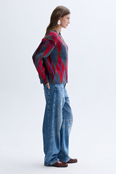 Mudo Jacquard Baklava Patterned V-Neck Sweater