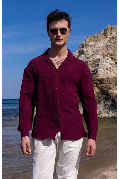 COMBİNE MİCHAİL Мъжка лятна риза с текстурирана кройка в бордо червено и свободен крой