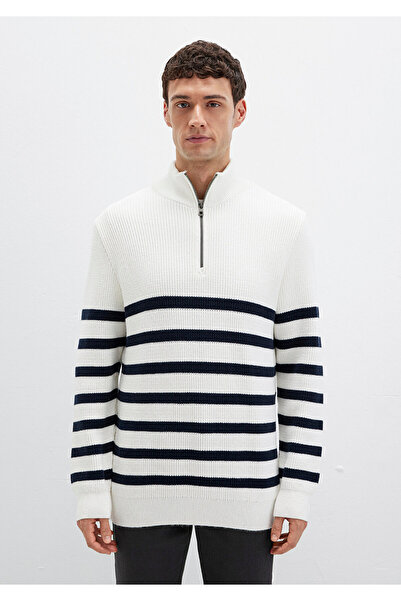 Mavi White Striped Slim Fit Sweater - Semi Zippered, Slim Fit 0710131 -70057