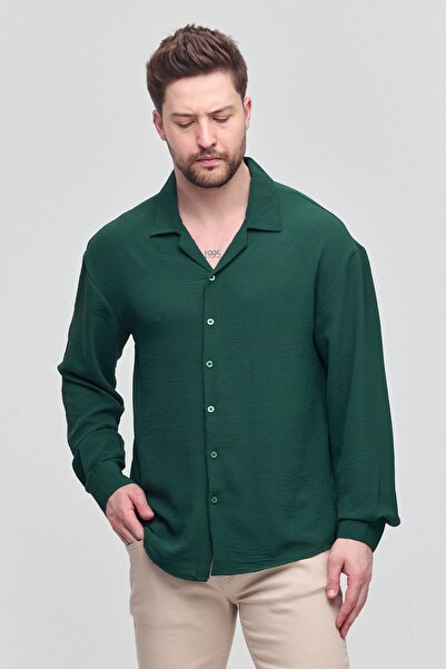 COMBİNE MİCHAİL Men's Oversize Shirt Collar Long Sleeve Linen Look Summer Shirt