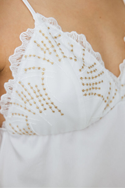 Penti Kırık Beyaz Bridal Charming V Yaka Dantelli Saten Çeyizlik Pijama Takımı