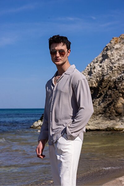 COMBİNE MİCHAİL Чоловіча сіра лляна сорочка з комфортним кроєм