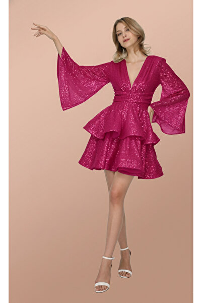 Elif Naz Moda Evi fuşya payetli v yaka glenli volan etek elbise