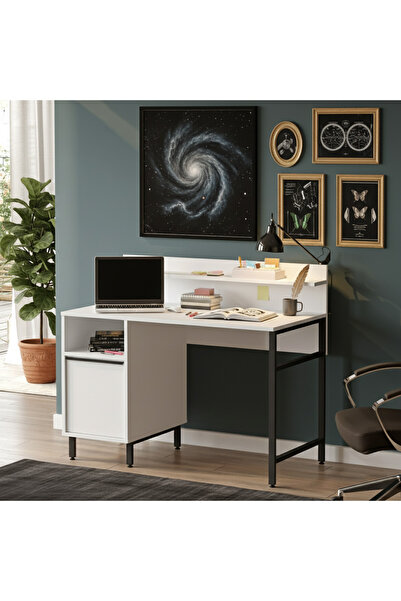 Yurupa Bohem Çalışma Masası 60x120cm Raflı Dolaplı Metal Ayaklı Beyaz BOH16-W
