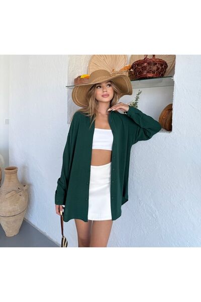 COMBİNE MİCHAİL Жіноча сорочка oversize з темно-зеленого льону Ayrobin