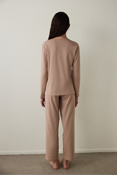 Penti Bej ENT Bisiklet Yaka Slogan Baskılı Pamuklu Sweatshirt Pijama Takımı