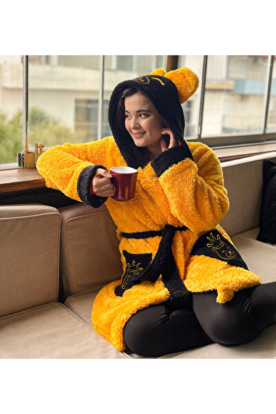 Pandamkee Paptex Hooded Unisex Wellsoft Plush Dressing Gown, Bathrobe Yellow-Black