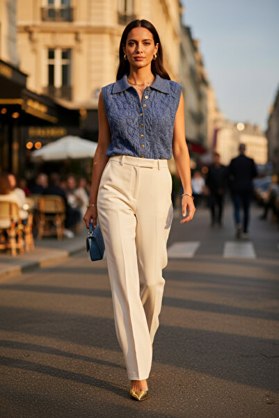 Qoolest Kadın Yünlü Mavi Yakalı Kabartma Desenli Yünlü Düğmeli Triko Yelek