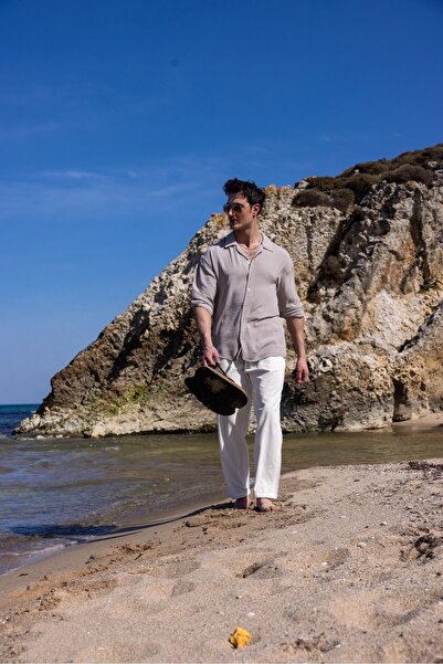 COMBİNE MİCHAİL Чоловіча сіра лляна сорочка з комфортним кроєм