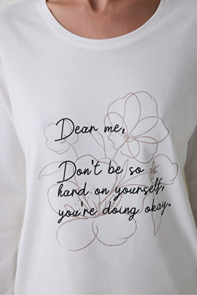 Penti Dear Me Slogan Baskılı Bisiklet Yaka Uzun Kollu Pamuklu Pijama Takımı