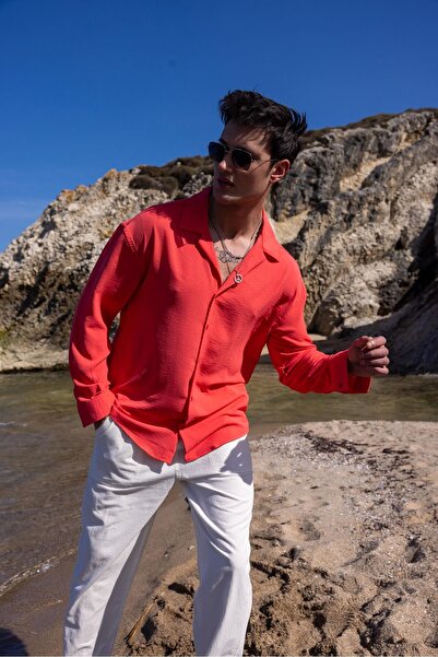 COMBİNE MİCHAİL Мъжка лятна риза с текстурирана кройка в цвят фуксия и лен