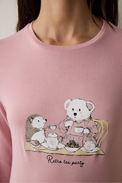 Penti Pembe Tea Party İçecek Desenli Bisiklet Yaka Uzun Kollu Pijama Üstü