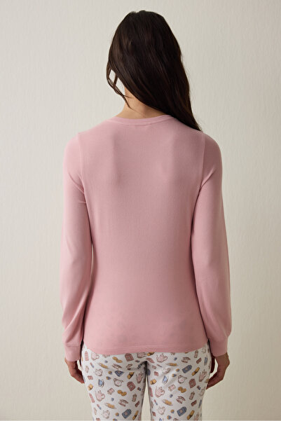 Penti Pembe Tea Party İçecek Desenli Bisiklet Yaka Uzun Kollu Pijama Üstü