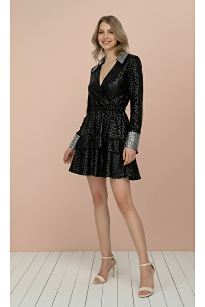 Elif Naz Moda Evi siyah kruvaze yaka fırfırlı mini elbise