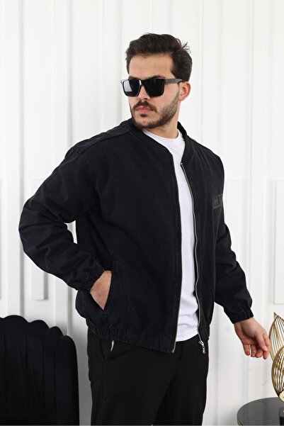 comstar Men's Oversize Casual Bomber Jean Black Zippered Denim Jacket