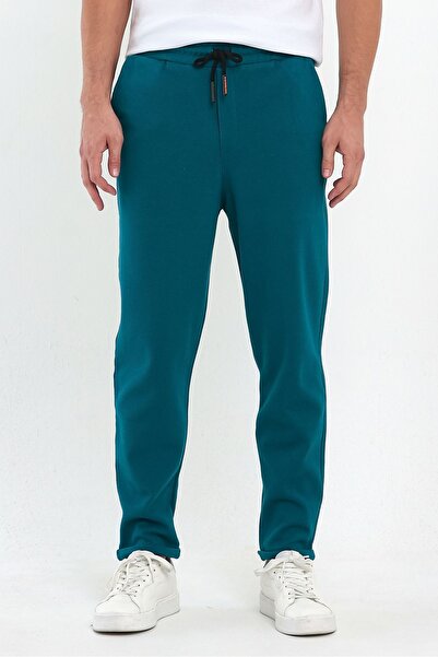 COMBİNE MİCHAİL Men's Jogger Pants - Lakos Pattern, Cotton, Elastic Waist and Drawstring, Petrol Blue