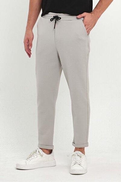 COMBİNE MİCHAİL GREY Men's Jogger Pants - Lakos Pattern, Cotton, Elastic Waist and Drawstring