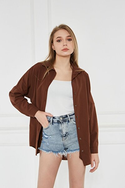 comstar Women's Oversize Long Basic Brown Shirt