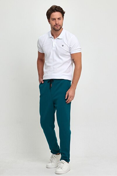 COMBİNE MİCHAİL Men's Jogger Pants - Lakos Pattern, Cotton, Elastic Waist and Drawstring, Petrol Blue