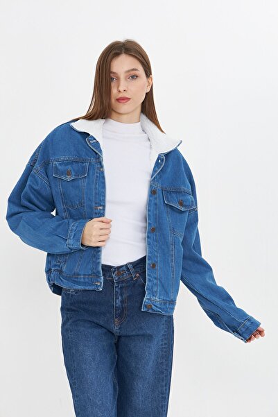 comstar Women's Jean Trend Winter Fur Lined Denim Jacket Blue