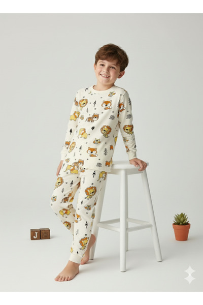 MADALİNA Boy's 100% Cotton Yellow Elephant Car Pattern Pajamas Set