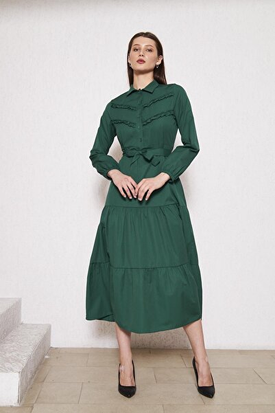 comstar Жіноча багатошарова пишною спідницею з деталями, елегантна зелена довга сукня