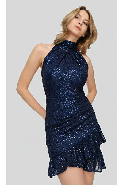 Elif Naz Moda Evi lacivert boğazlı kolsuz mini fırfırlı elbise