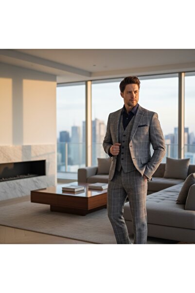 Frappoli Vincenzo Чоловічий темно-синій піджак + штани + жилет з подвійними розрізами, slim fit костюм