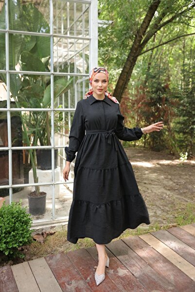 comstar Rochie lungă neagră din terikoton, la tendință, elegantă