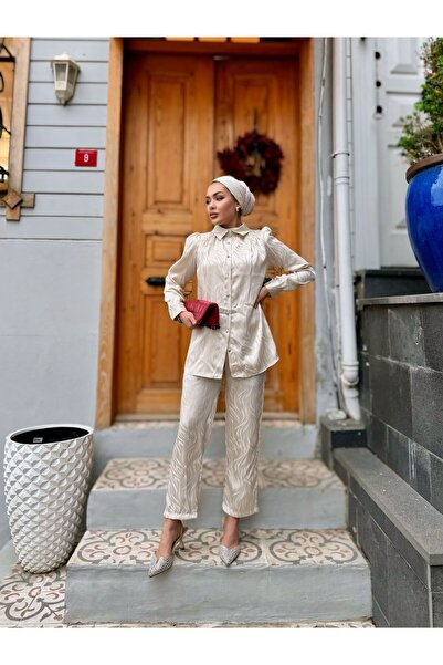 comstar Women's Patterned Shirt Loose Pants Bottom Top Cream Double Set