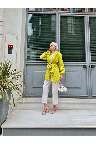 comstar Women's Waist Tied Tonic Long Green Jacket