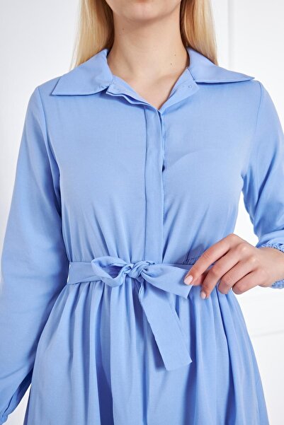 comstar Γυναικείο πουκάμισο με στρώσεις γιακά Κομψό Baby Blue Μακρύ Φόρεμα