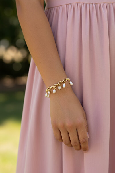 FUYA JEWELLERY 14K Gold Kaplama Zirkon Taş ve İnci Sallantılı Zincir Bileklik