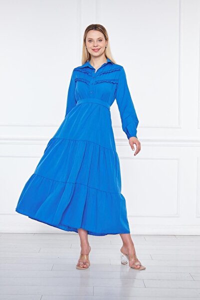 comstar Жіноча багатошарова пишна сукня з деталями, елегантна, синя, довга