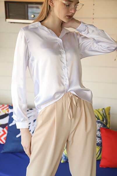 comstar Women's Stylish Shiny White Satin Shirt