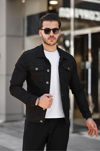 comstar Ανδρικό τζιν τζιν με λαιμόκοψη με λεπτή εφαρμογή, μαύρο τζιν μπουφάν