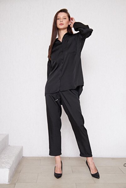 comstar Women's Oversize Shirt Elastic Waist Trousers Black Double Set