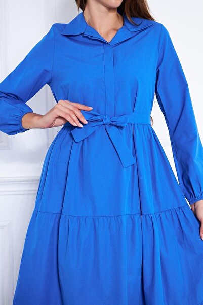 comstar Жіноча багатошарова сорочка з коміром елегантна синя довга сукня