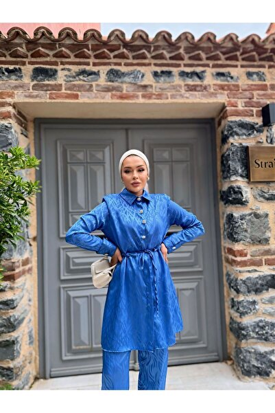 comstar Women's Tied Long Jacket Loose Trousers Blue Double Set