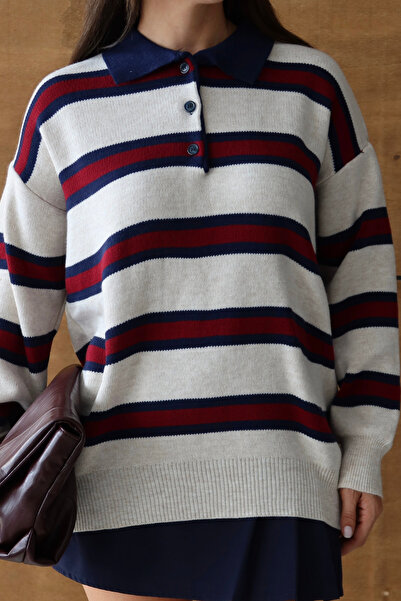 Mogi Butik Women's Polo Neck Oversized Striped Knitwear Sweater 3123