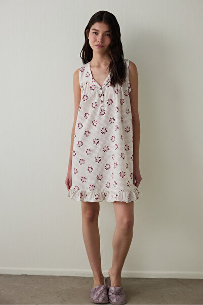 Penti Stone Color Freya Floral Patterned V-Neck Buttoned Cotton Strap Nightgown