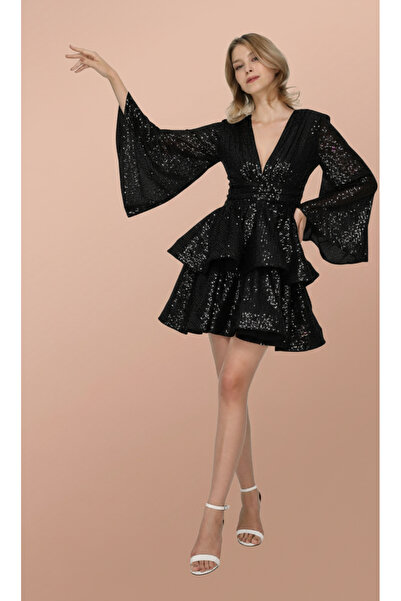 Elif Naz Moda Evi siyah payetli v yaka glenli volan etek elbise