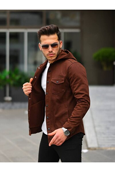 comstar Мъжка кафява дънкова риза с качулка и тик-так