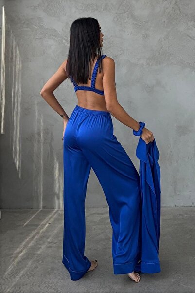 COCCOLARSI Vento Della Notte Saks Mavisi Saten Uzun Üçlü Pijama Takımı